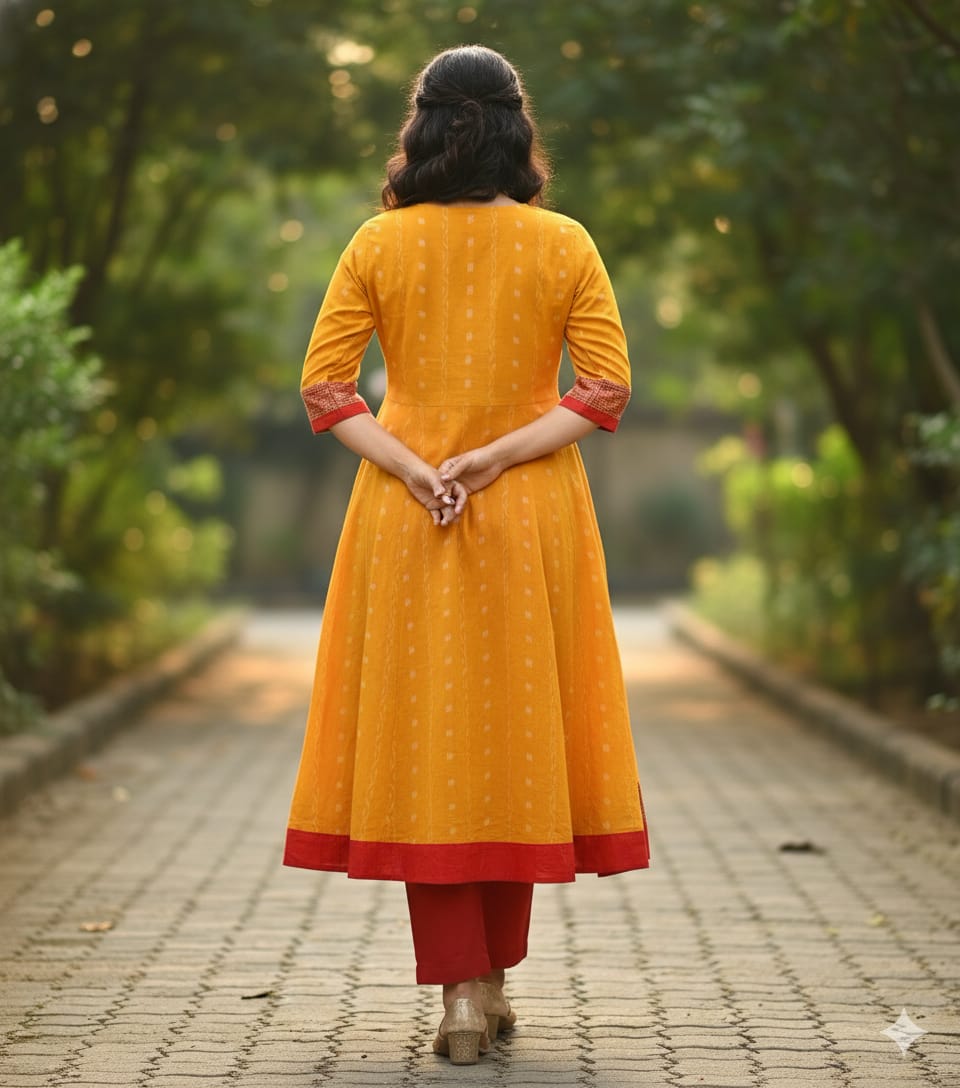 Yellow Red Ikat Pasapali Designer A-Line Anarkali