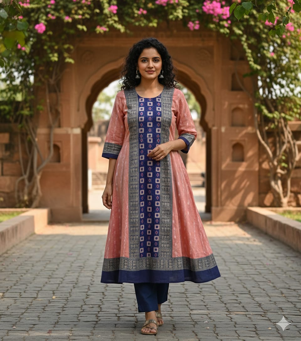 Peach Blue Ikat  Cube Pasapali  Designer A-Line Anarkali