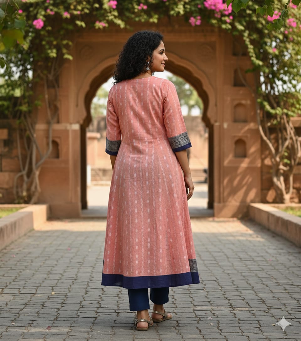 Peach Blue Ikat  Cube Pasapali  Designer A-Line Anarkali