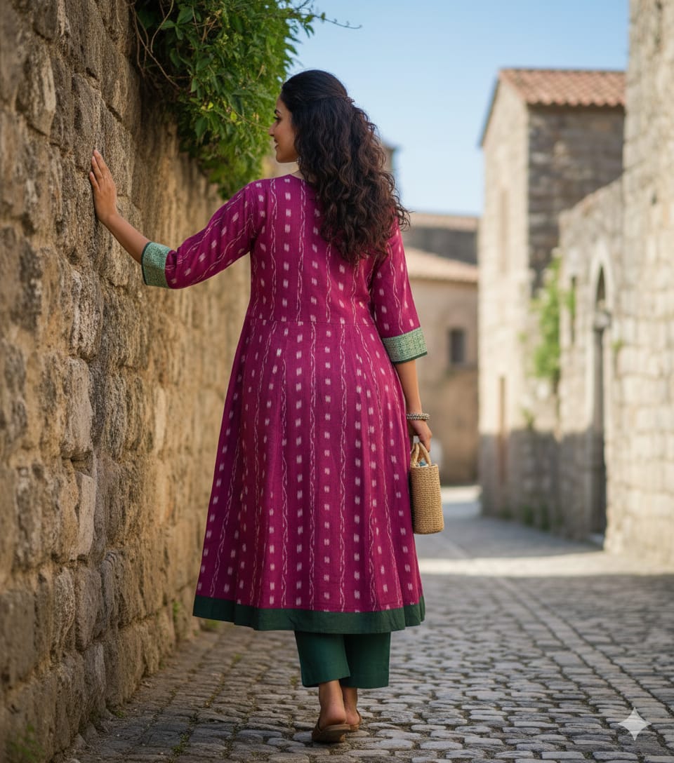 Purple Bottle Green  Ikat Box Pasapali  Designer A-Line Anarkali