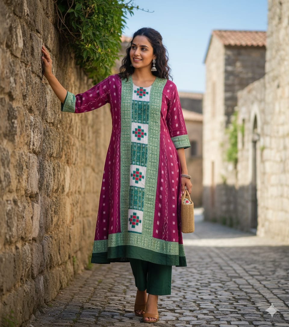Purple Bottle Green  Ikat Box Pasapali  Designer A-Line Anarkali