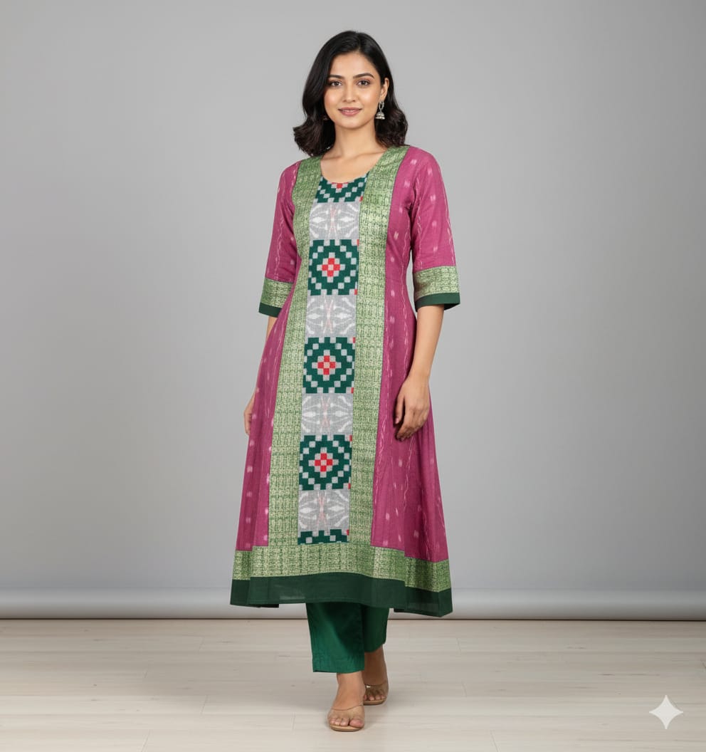 Deep Purple Bottle Green Ikat Cross Pasapali  Designer A-Line Anarkali