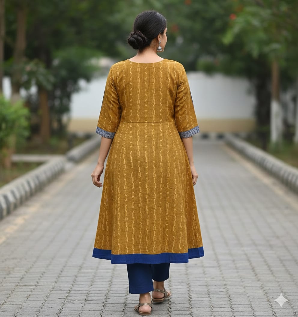 Mustard Yellow Blue Ikat  Pasapali  Designer A-Line Anarkali