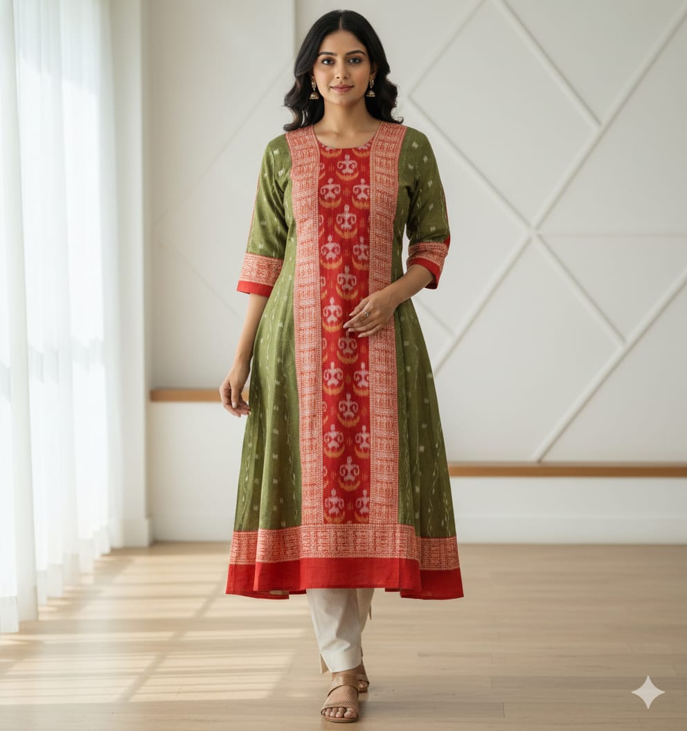 Mehendi Red Ikat Tribal Designer A-Line Anarkali