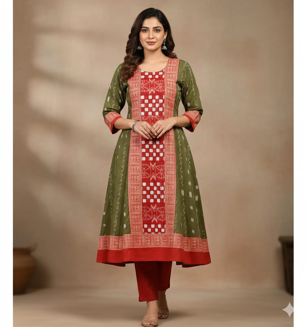 Mehendi Red Ikat Pasapali & Flower Designer A-Line Anarkali