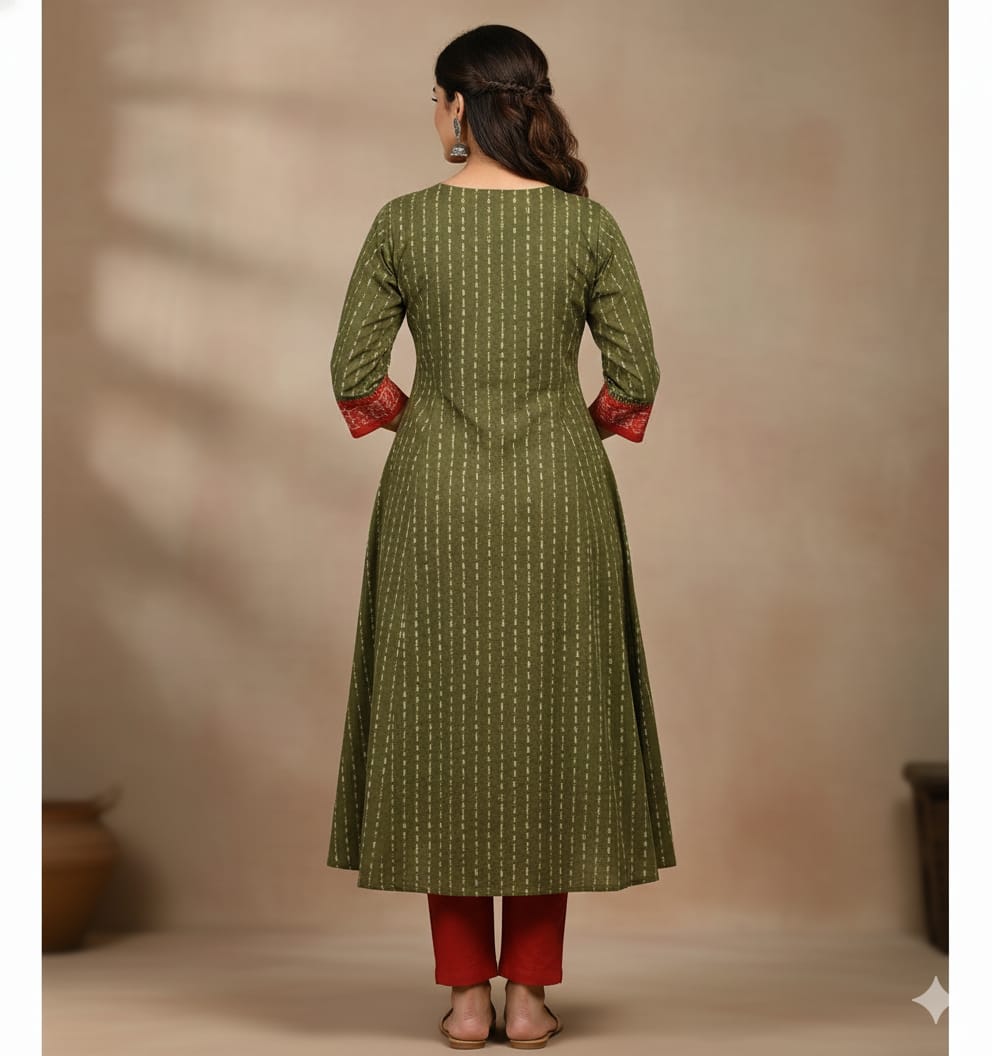 Mehendi Red Ikat Pasapali & Flower Designer A-Line Anarkali