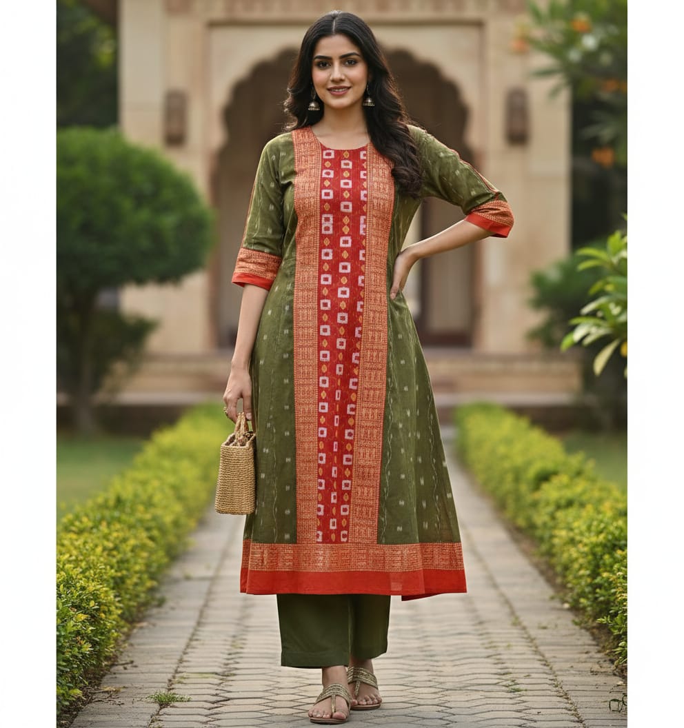 Mehendi Red Ikat Cube  Pasapali  Designer A-Line Anarkali