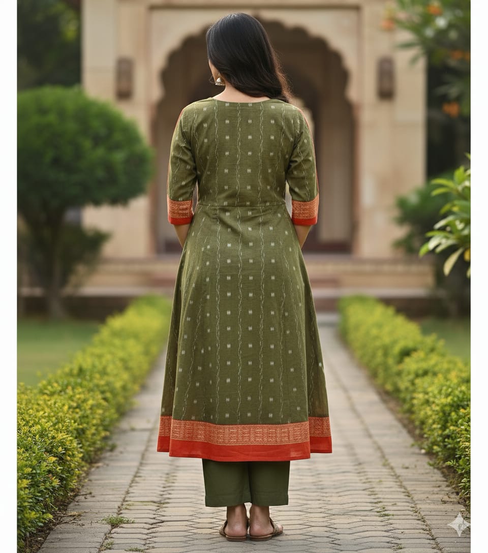 Mehendi Red Ikat Cube  Pasapali  Designer A-Line Anarkali