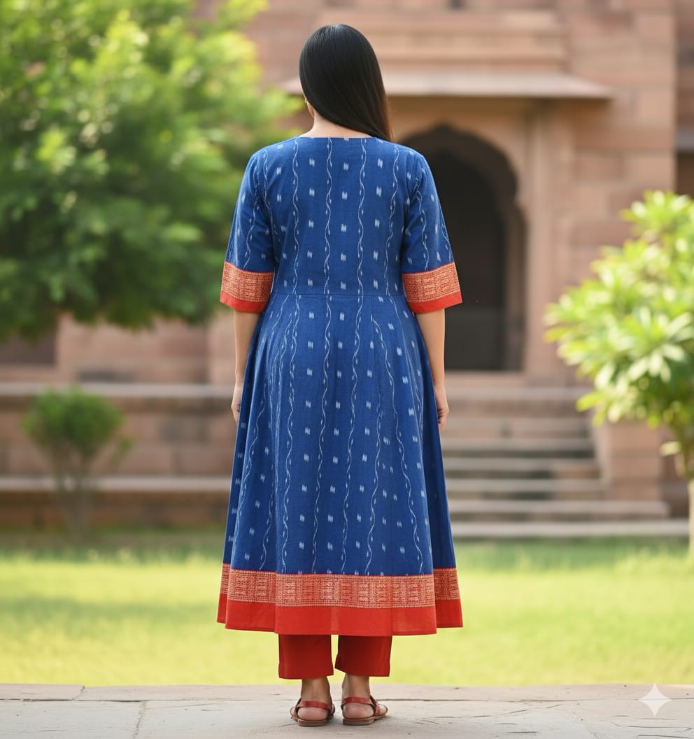 Blue Red Ikat Pasapali & Flower  Designer A-Line Anarkali
