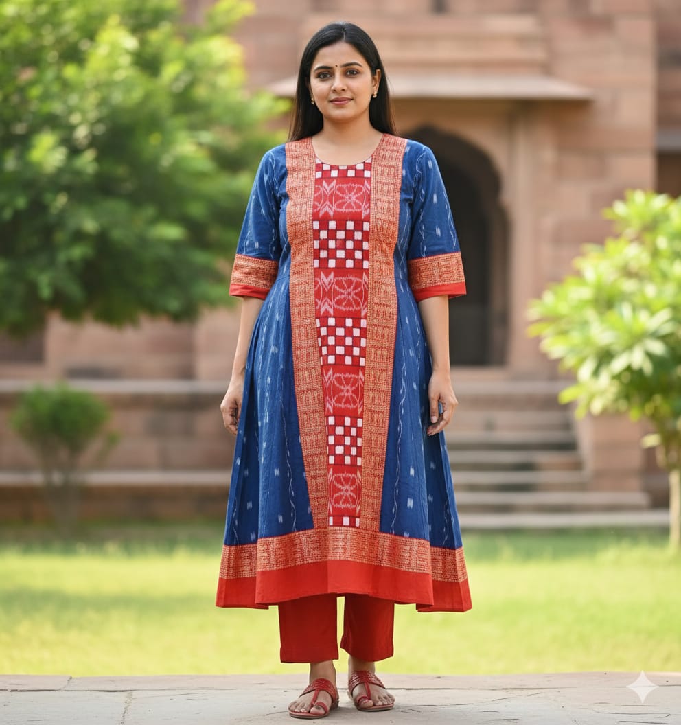 Blue Red Ikat Pasapali & Flower  Designer A-Line Anarkali