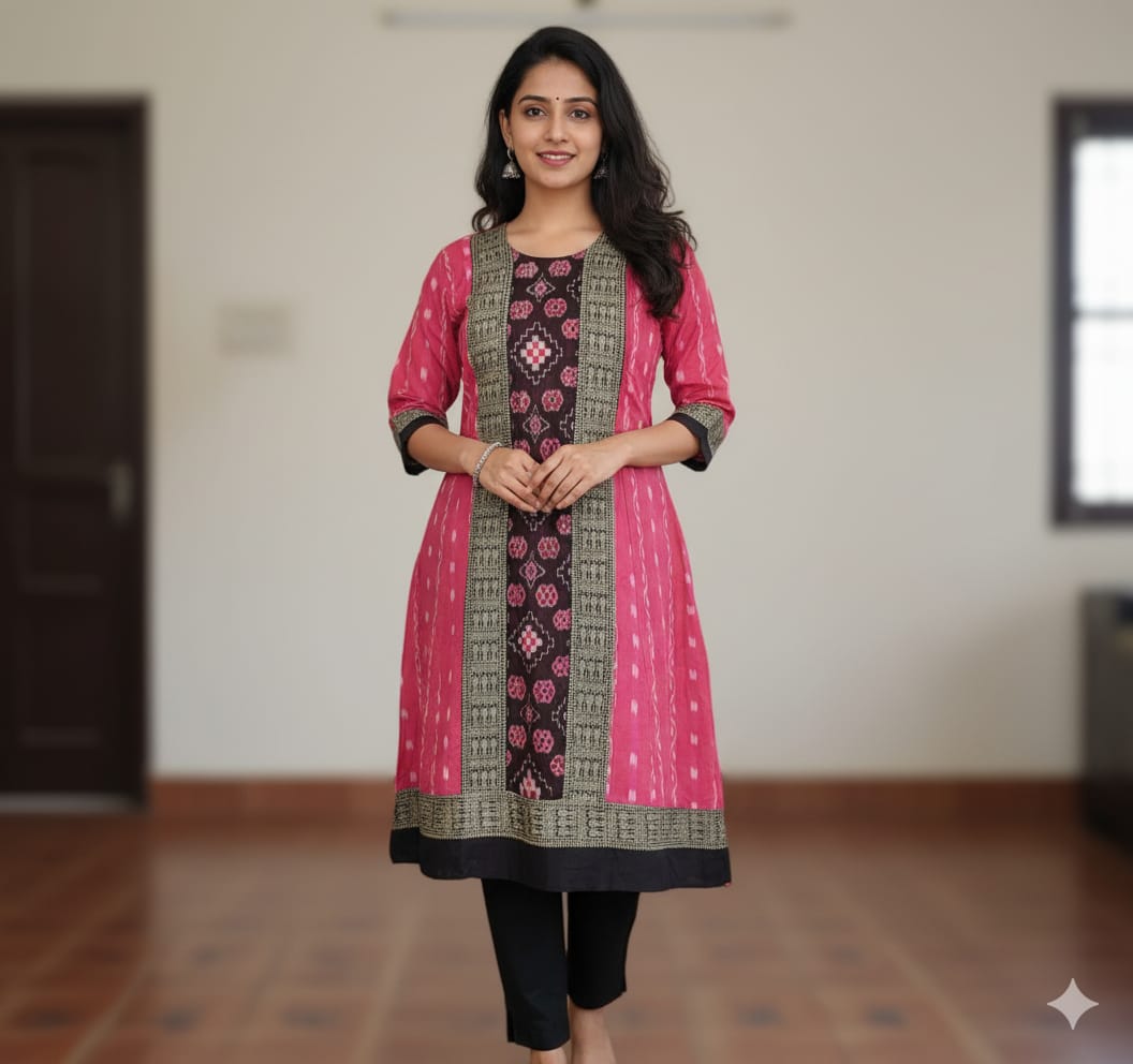 Pink Black Ikat  Pasapali & Flower  Designer A-Line Anarkali