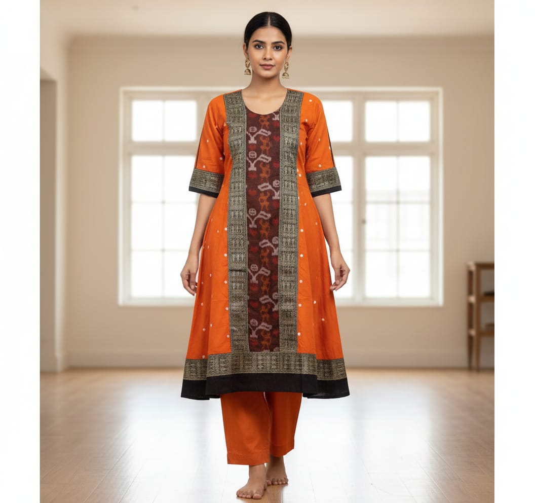 Orange Black Buti Tribal Designer A-Line Anarkali