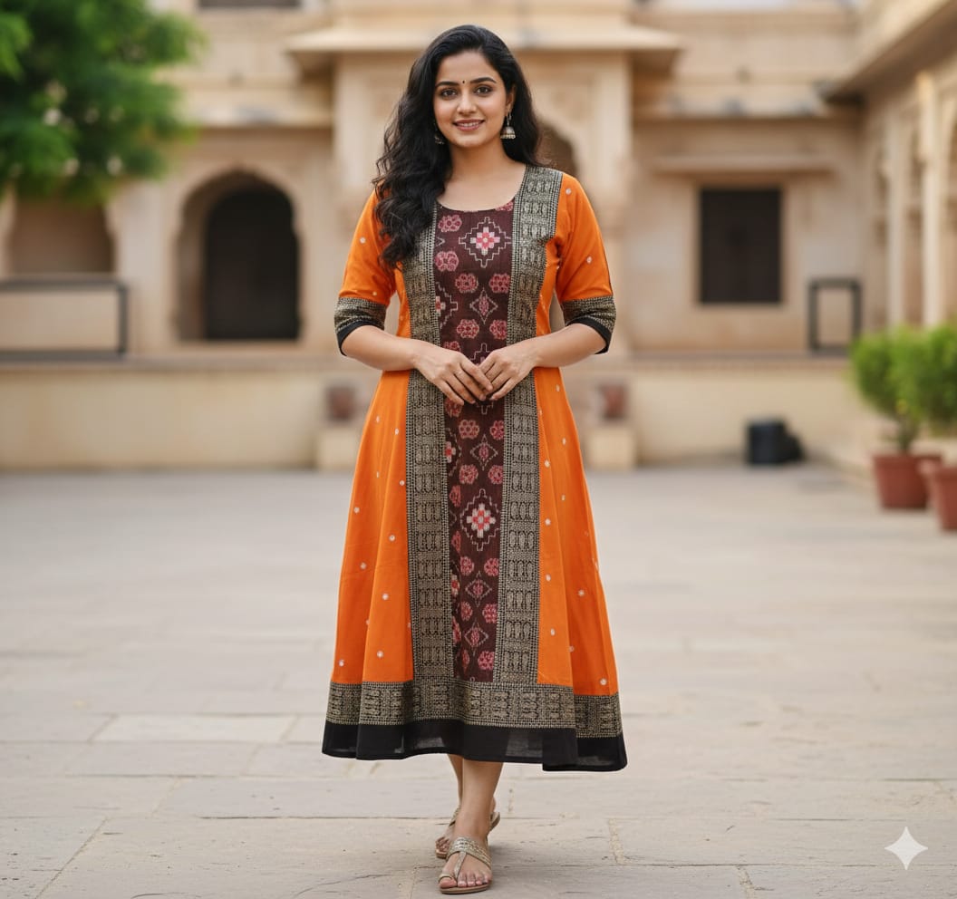 Orange Black Buti Pasapali & Flower Designer A-Line Anarkali