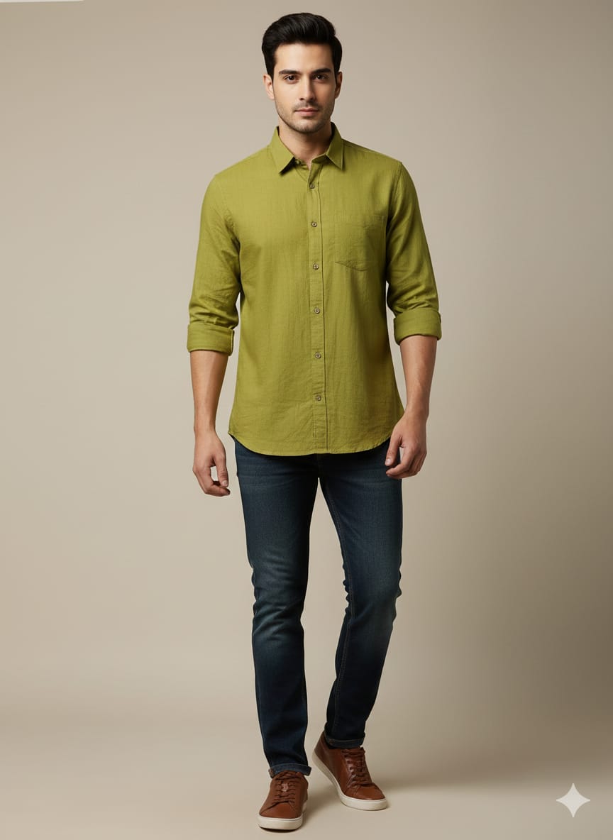 yellowish-green Odisha Handloom Men Plain Full Shirt