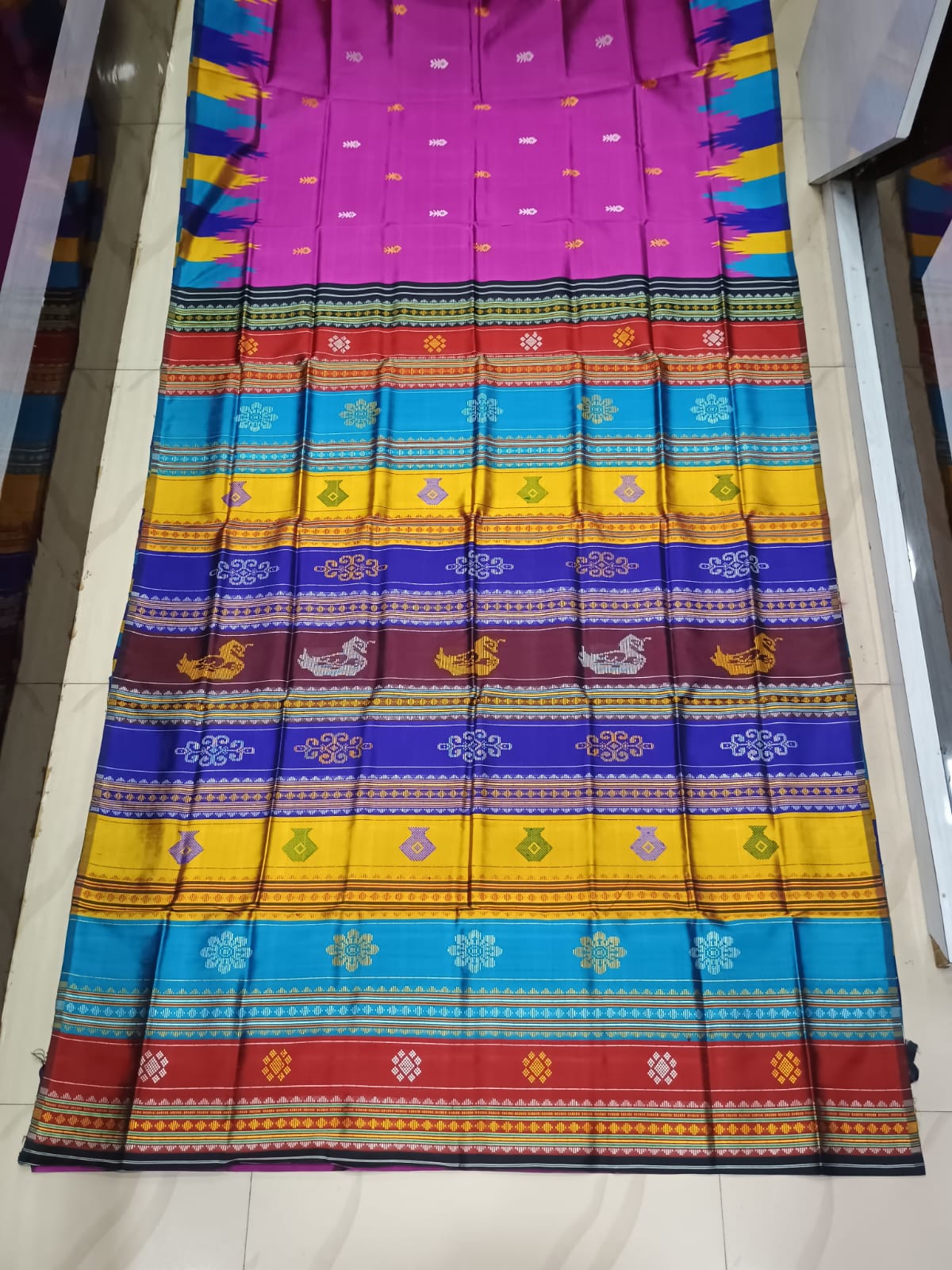 Magenta Multi Colour Border Double Anchal Berhampuri Silk Saree