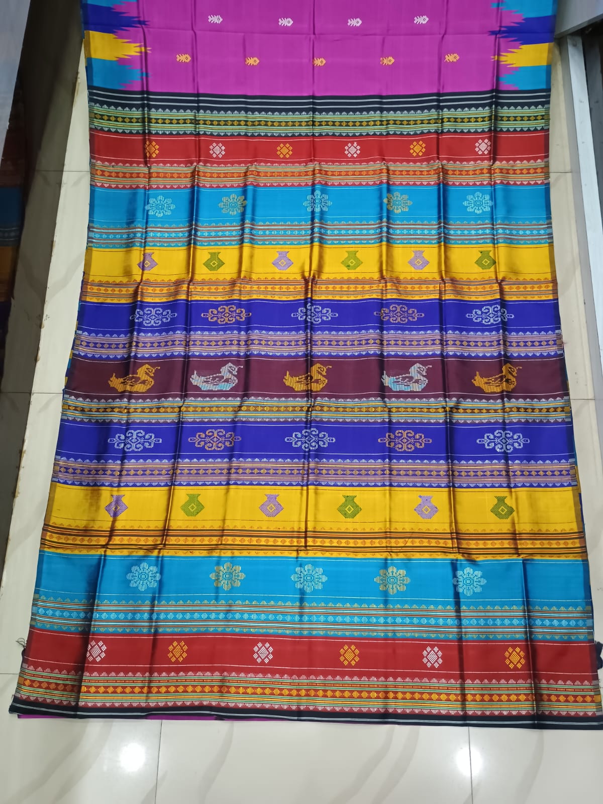 Magenta Multi Colour Border Double Anchal Berhampuri Silk Saree