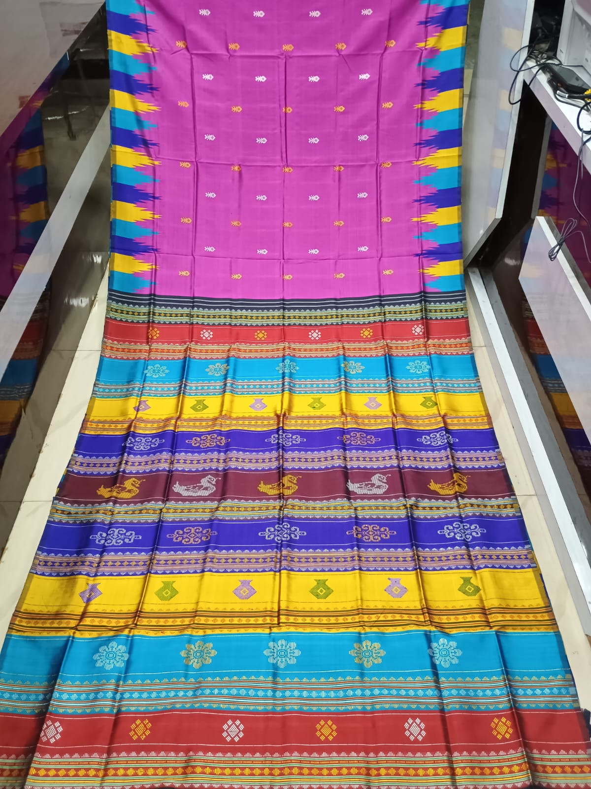 Magenta Multi Colour Border Double Anchal Berhampuri Silk Saree