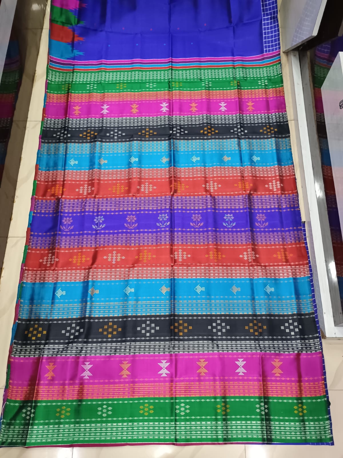 Blue Multi Colour Border Double Anchal Berhampuri Silk Saree