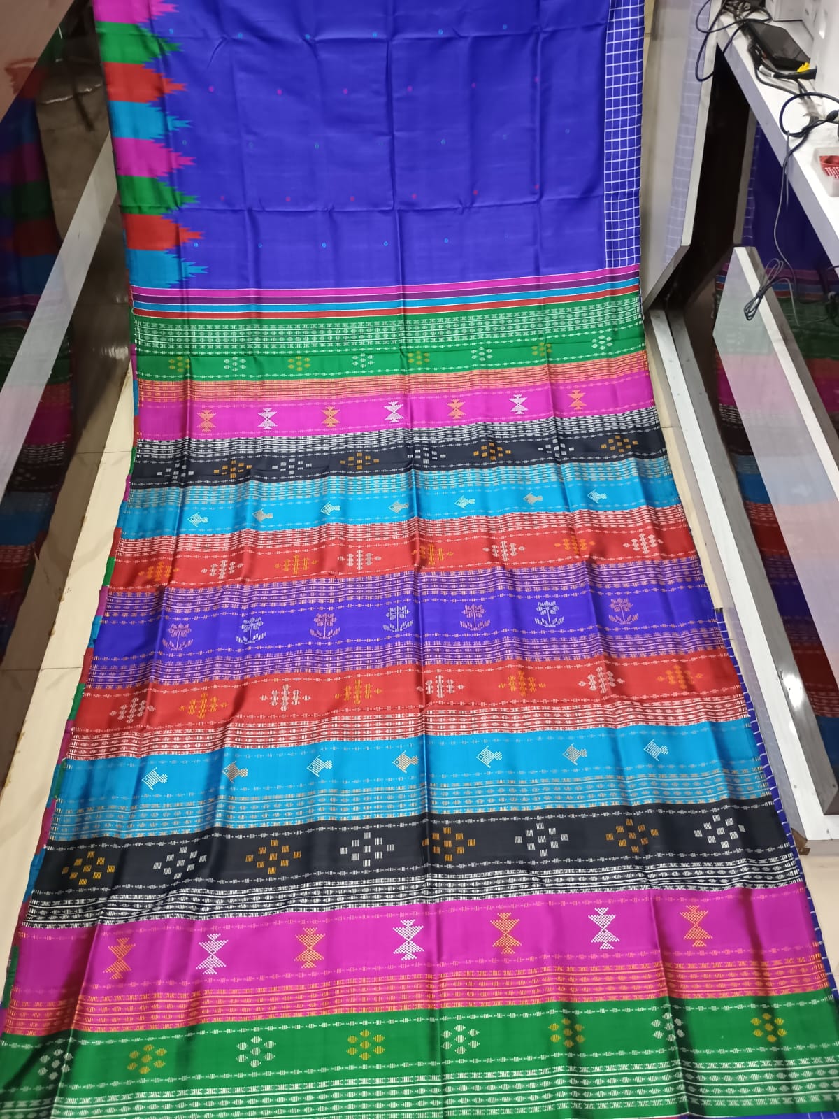 Blue Multi Colour Border Double Anchal Berhampuri Silk Saree