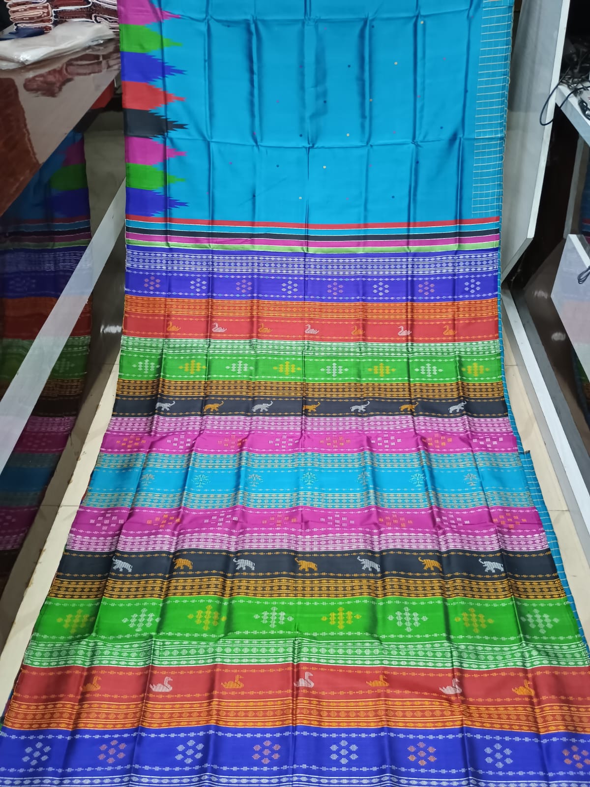 Teal Blue Multi Colour Kumbha Double Anchal Berhampuri Silk Saree