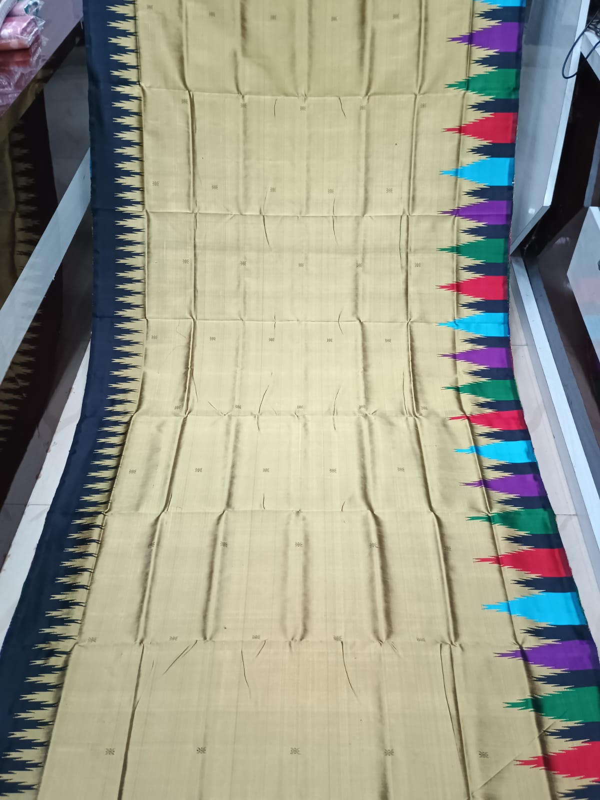 Light Tan Multi Colour Kumbha Double Anchal Berhampuri Silk Saree