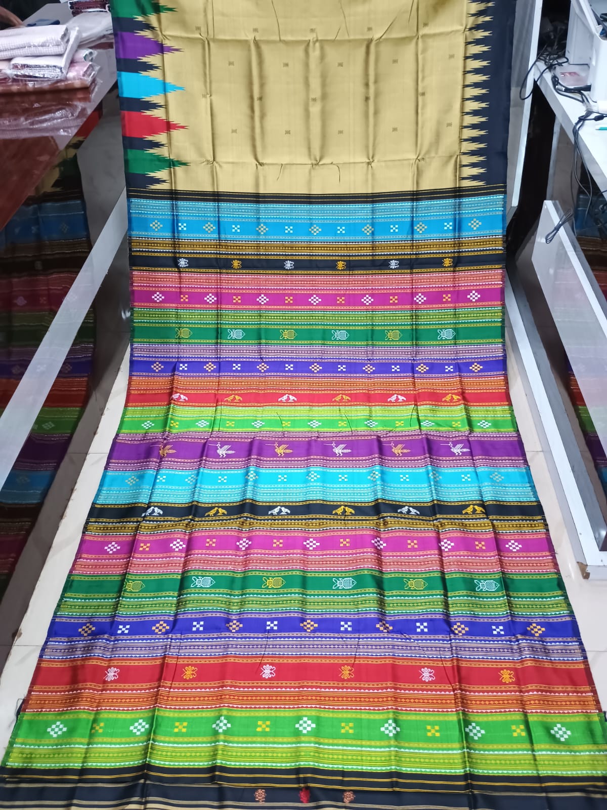 Light Tan Multi Colour Kumbha Double Anchal Berhampuri Silk Saree