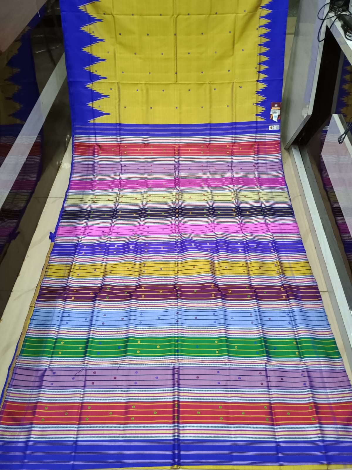 Yellow Blue Multi Colour Double Anchal Berhampuri Silk Saree