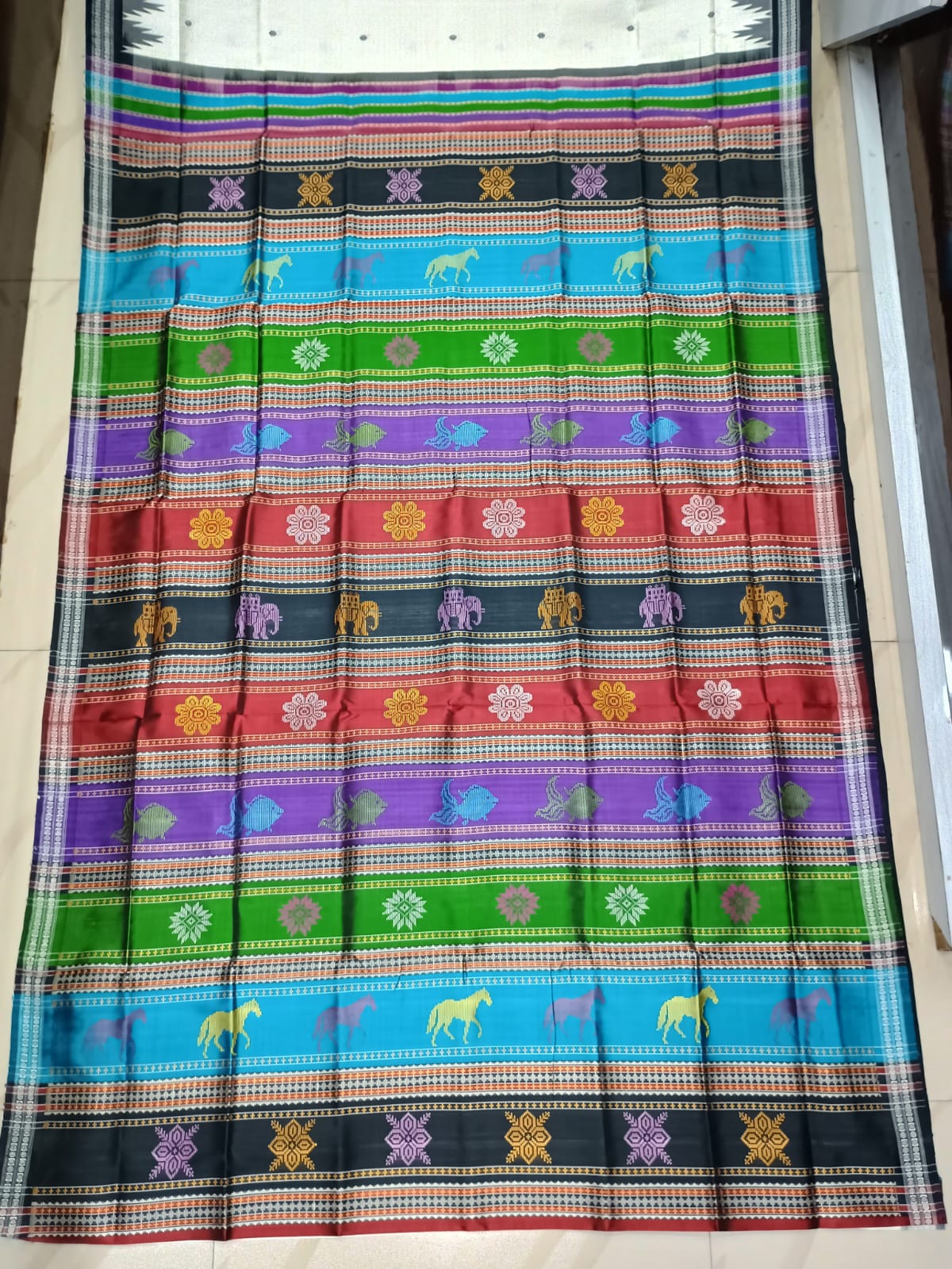 White Black Multi Colour Anchle Double Anchal Berhampuri Silk Saree