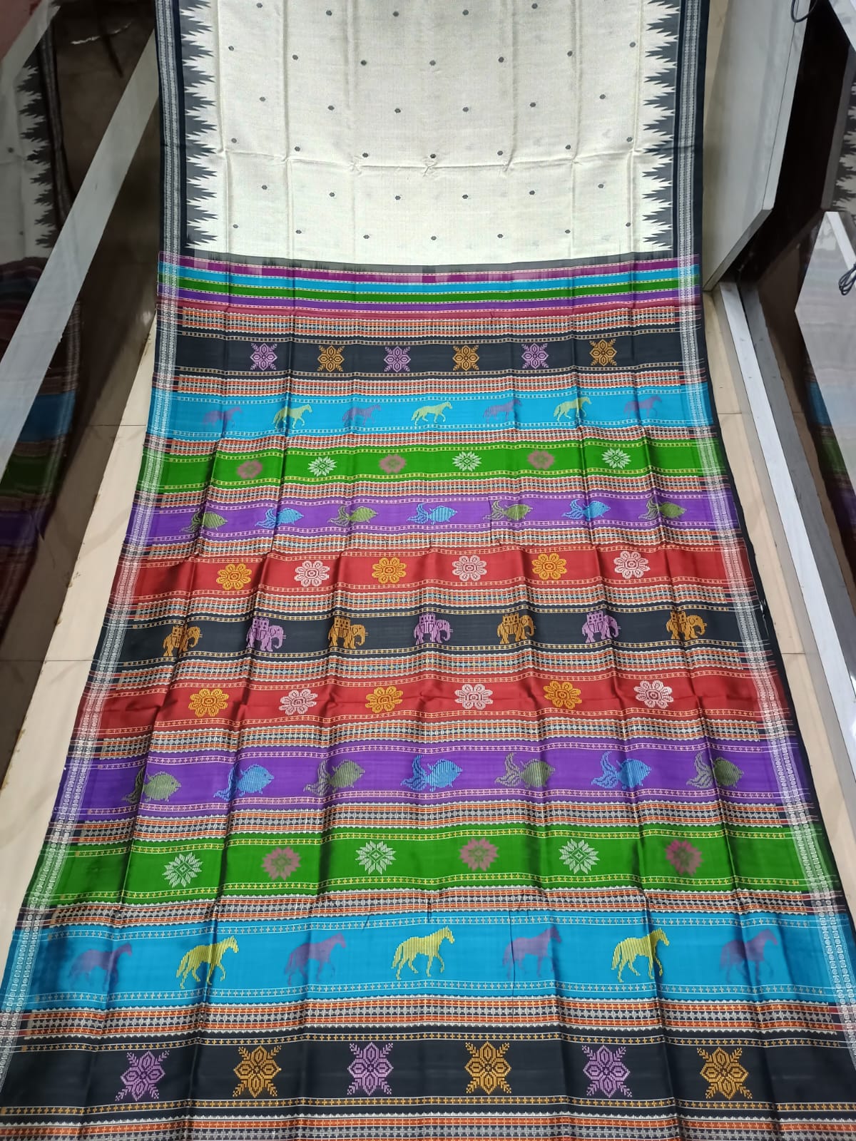 White Black Multi Colour Anchle Double Anchal Berhampuri Silk Saree