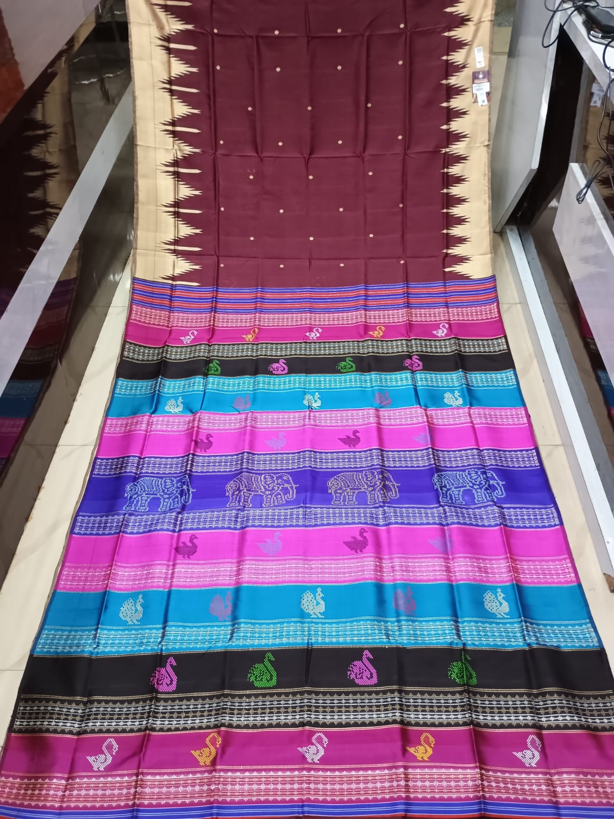 Maroon Off White Multi Colour Double Anchal Berhampuri Silk Saree