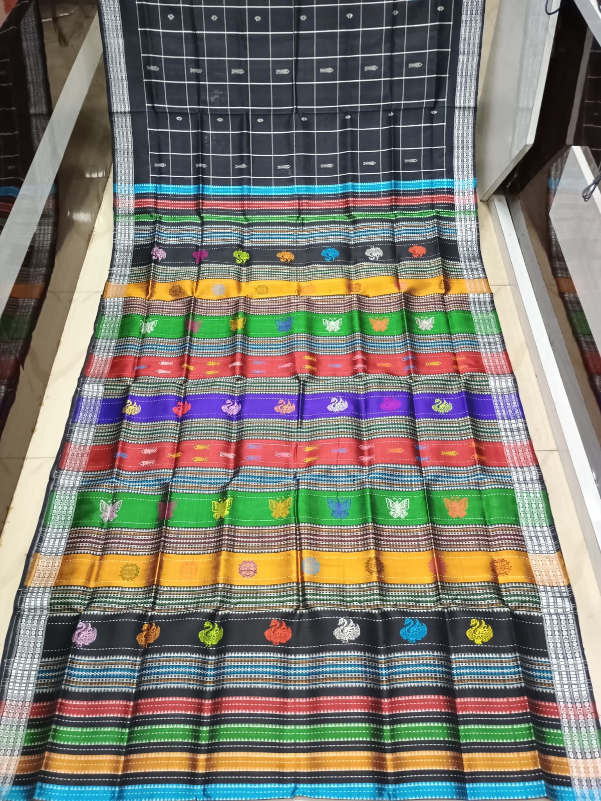 Black Multi Colour Double Anchal Berhampuri Silk Saree