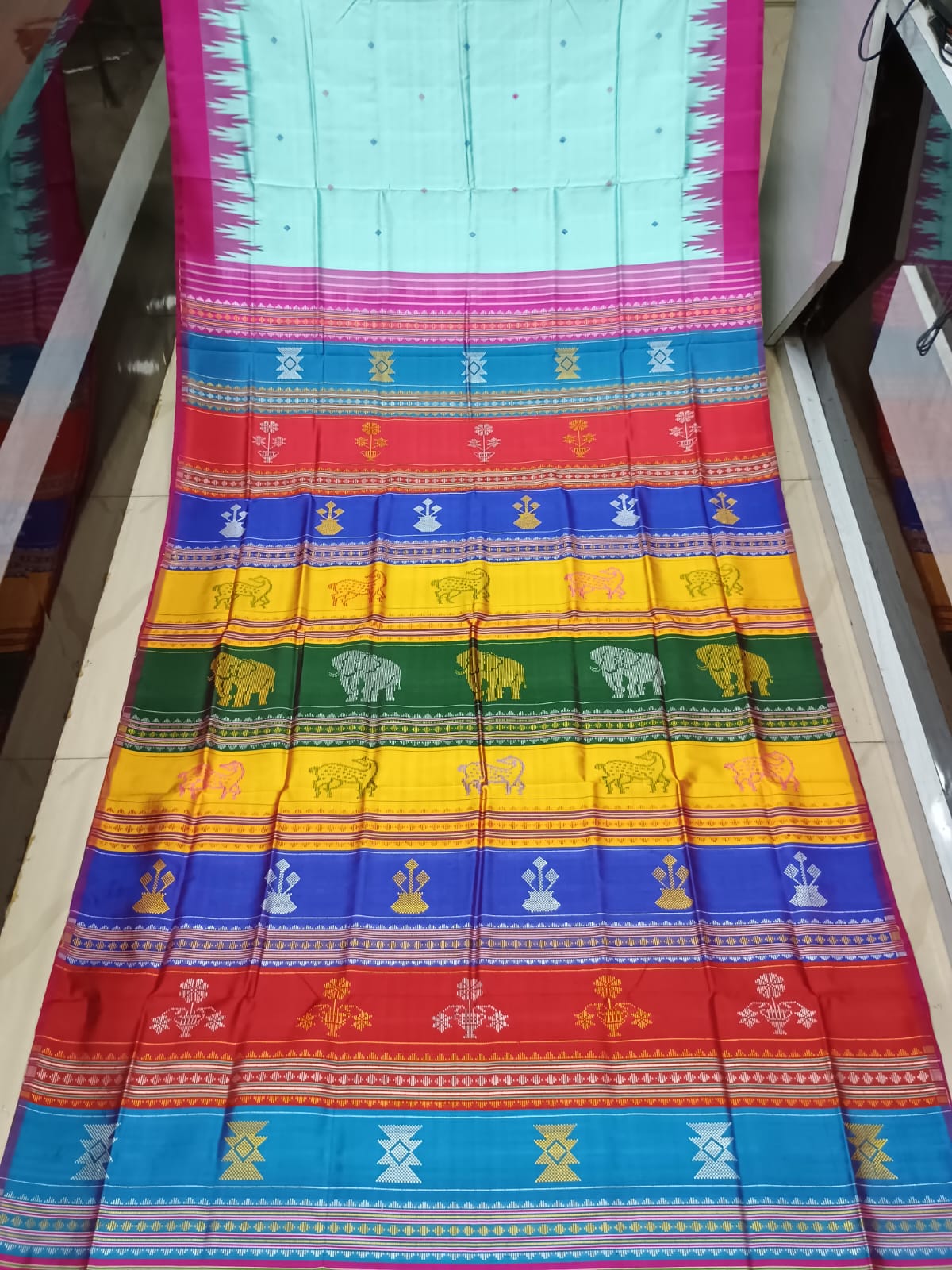 Turquoise Blue Multi Colour Double Anchal Berhampuri Silk Saree