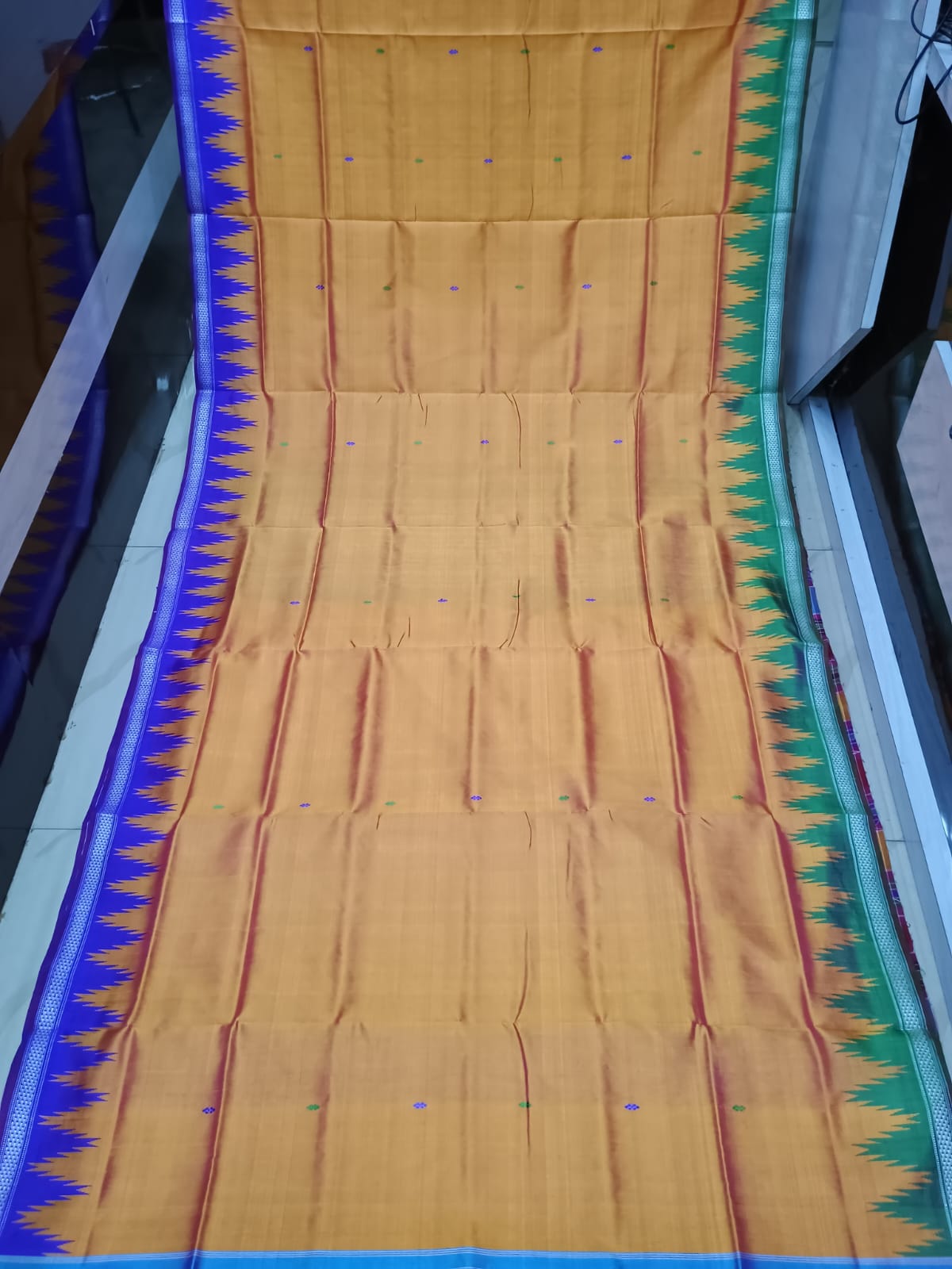 Orange Ganga Jamuna Border Multi Colour Double Anchal Berhampuri Silk Saree