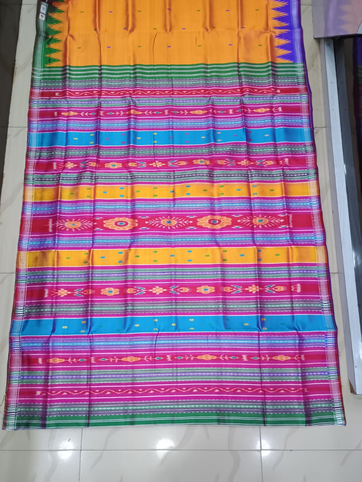 Orange Ganga Jamuna Border Multi Colour Double Anchal Berhampuri Silk Saree