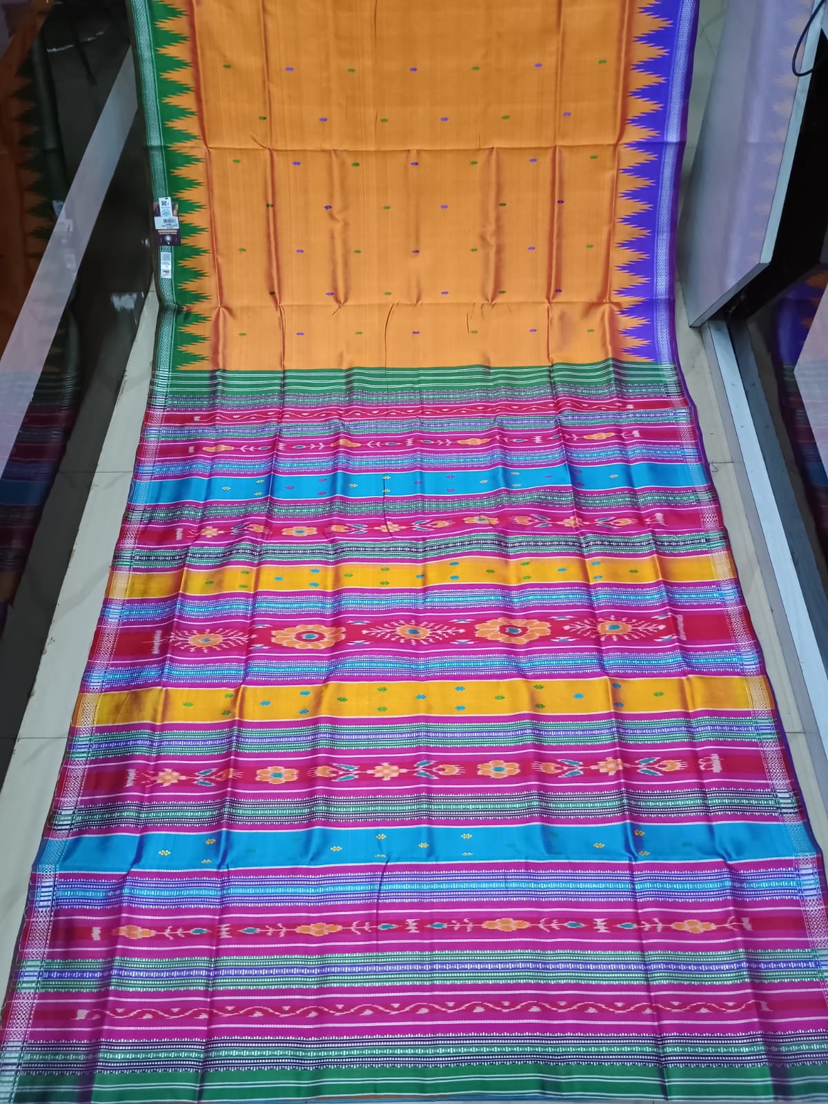 Orange Ganga Jamuna Border Multi Colour Double Anchal Berhampuri Silk Saree