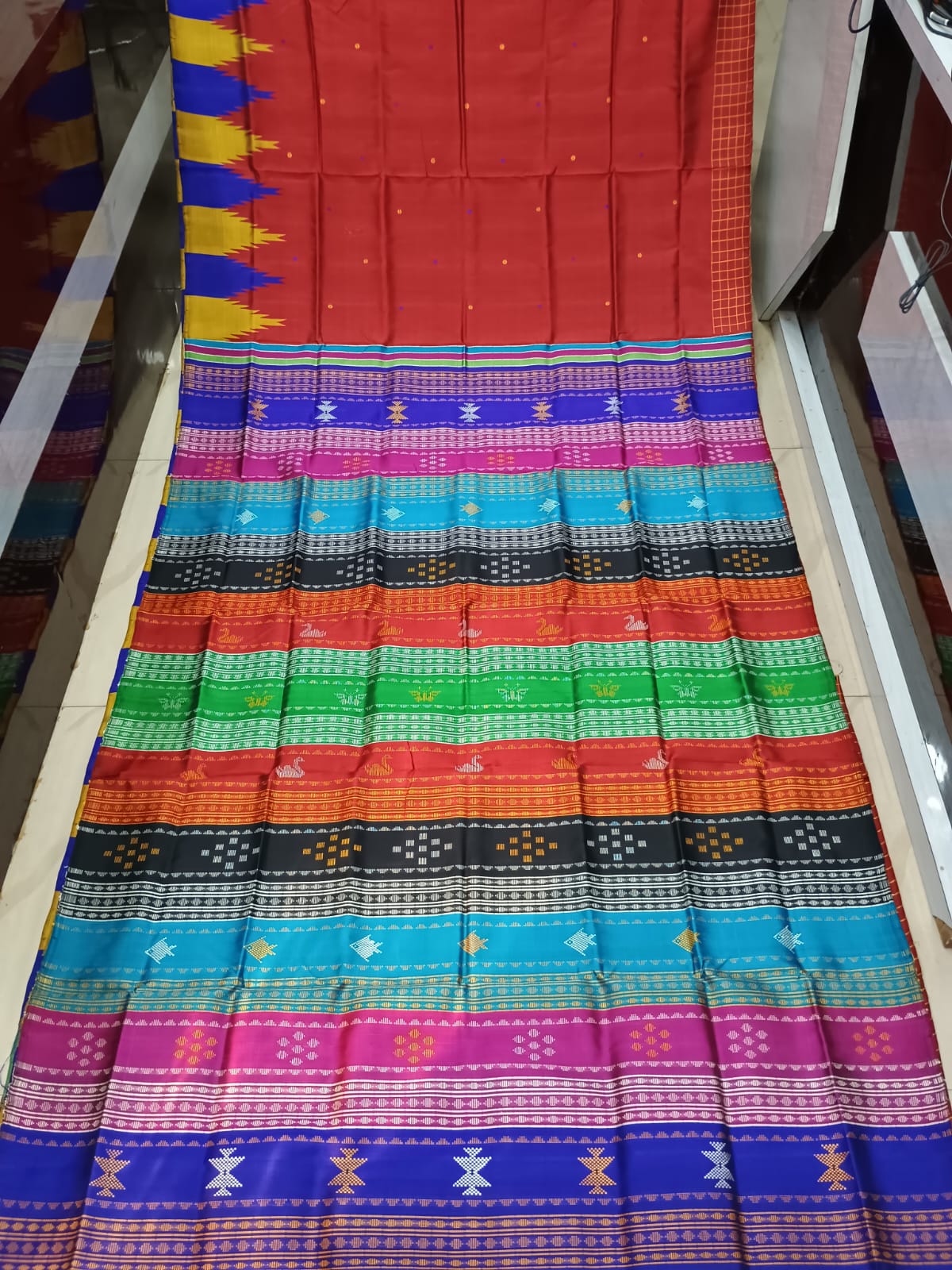 Red Multi Colour Kumbha Double Anchal Berhampuri Silk Saree