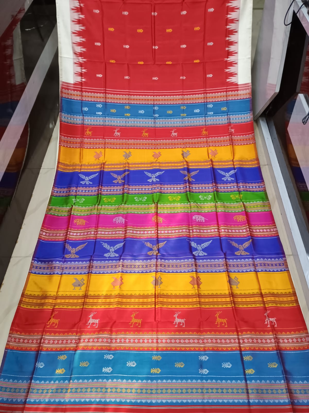 Red off white Multi Colour Kumbha Double Anchal Berhampuri Silk Saree