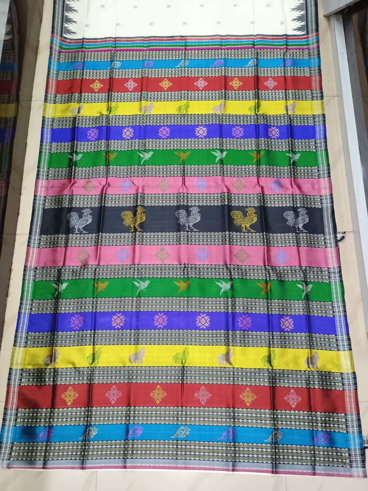 White Black Multi Colour Anchle Double Anchal Berhampuri Silk Saree