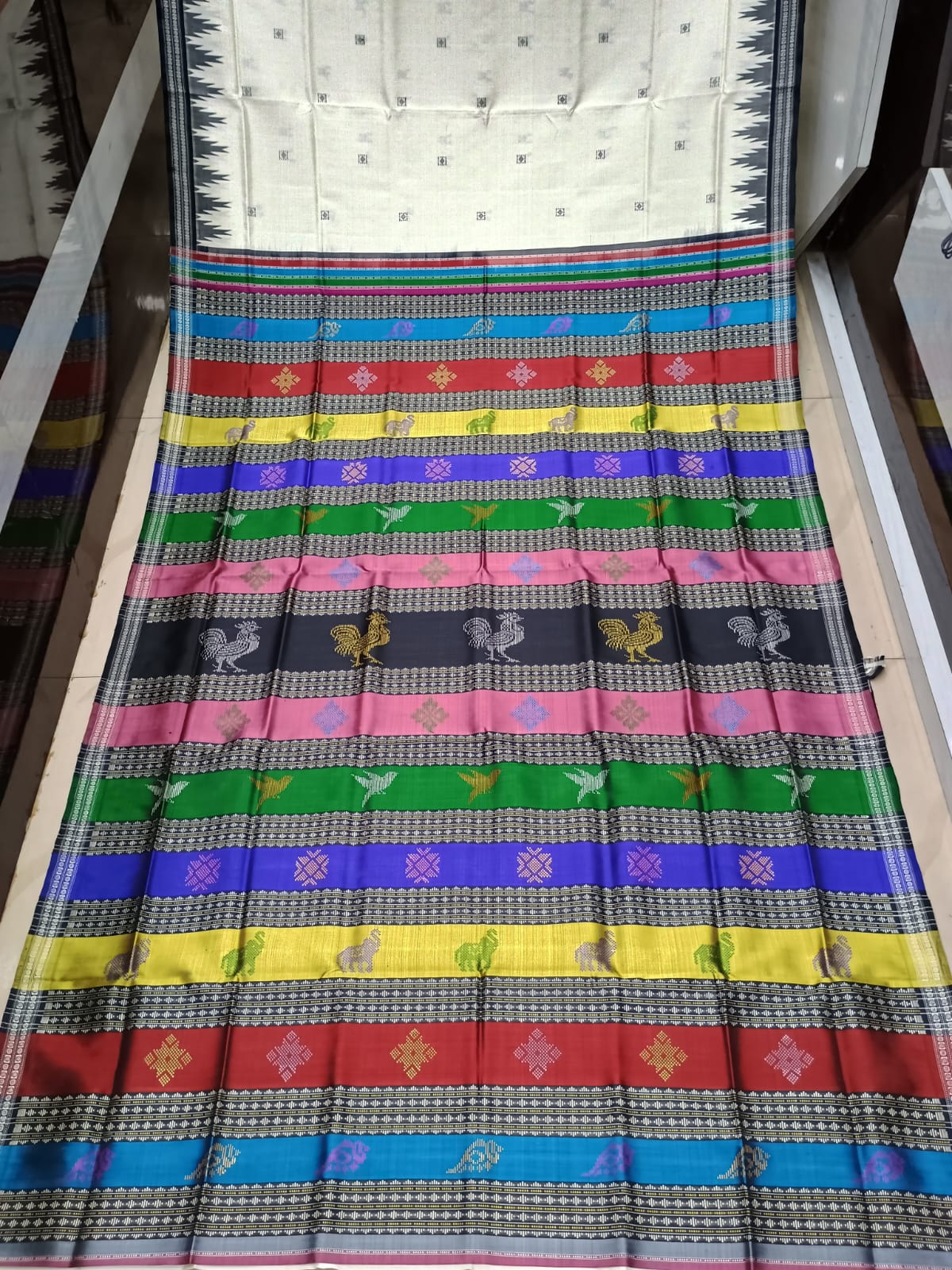 White Black Multi Colour Anchle Double Anchal Berhampuri Silk Saree