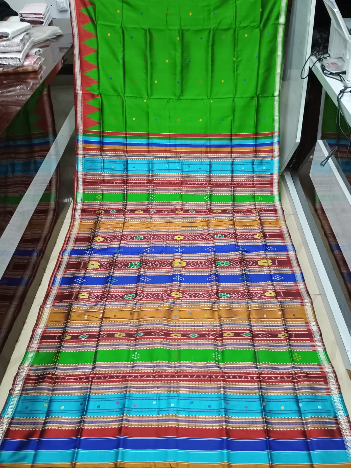 Green Red Multi Colour Kumbha Double Anchal Berhampuri Silk Saree