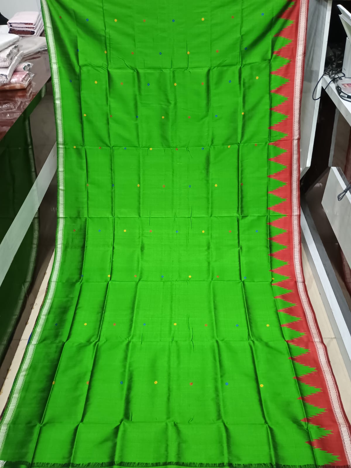 Green Red Multi Colour Kumbha Double Anchal Berhampuri Silk Saree