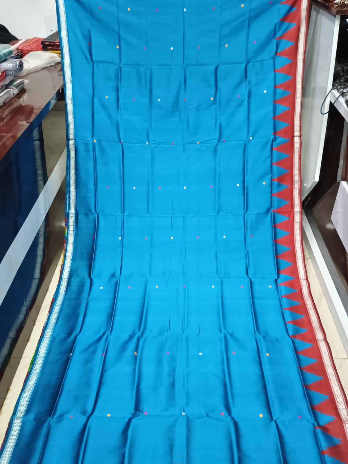 Teal Blue Multi Colour Double Anchal Berhampuri Silk Saree