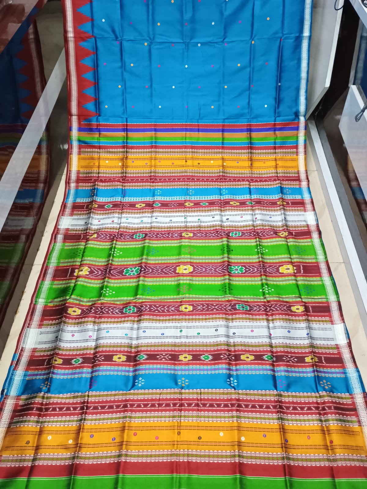 Teal Blue Multi Colour Double Anchal Berhampuri Silk Saree