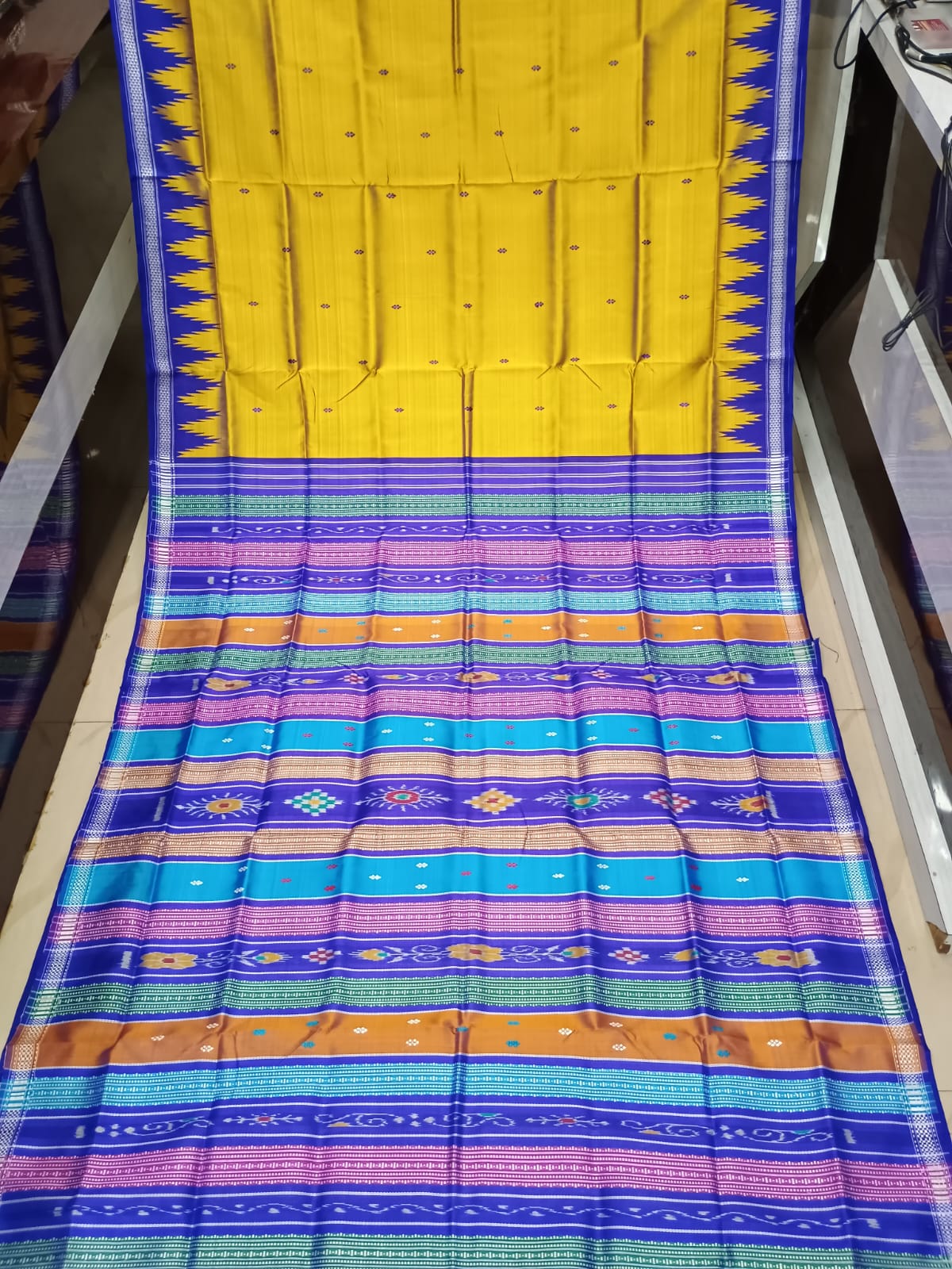 Yellow Blue Multi Colour Double Anchal Berhampuri Silk Saree