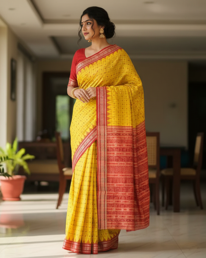 Yellow Red Hazarbuti Tussar Silk Saree