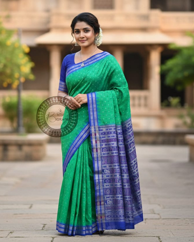 Sea Green Blue Hazarbuti Tussar Silk Saree