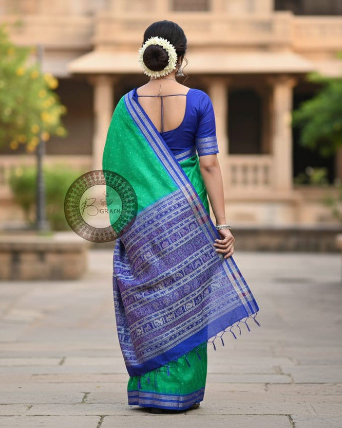 Sea Green Blue Hazarbuti Tussar Silk Saree