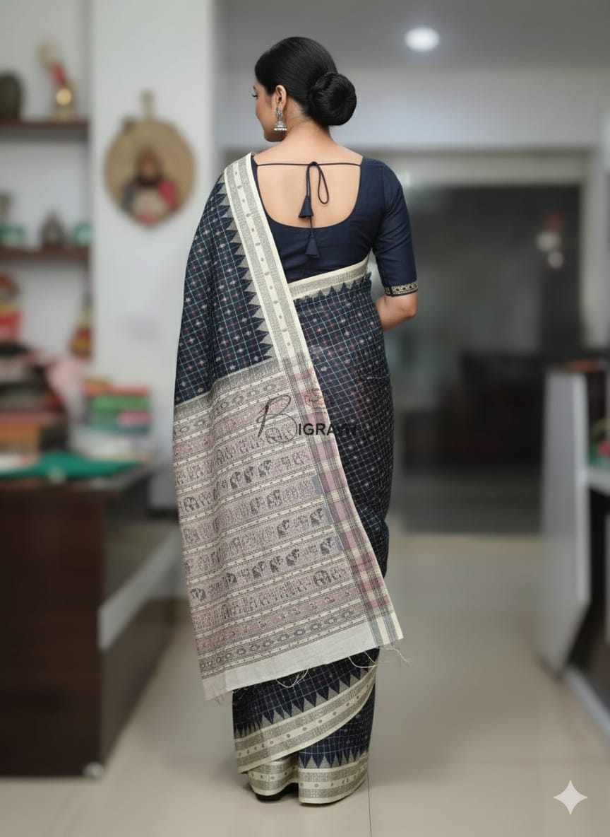Black Off White Hazarbuti Tussar Silk Saree