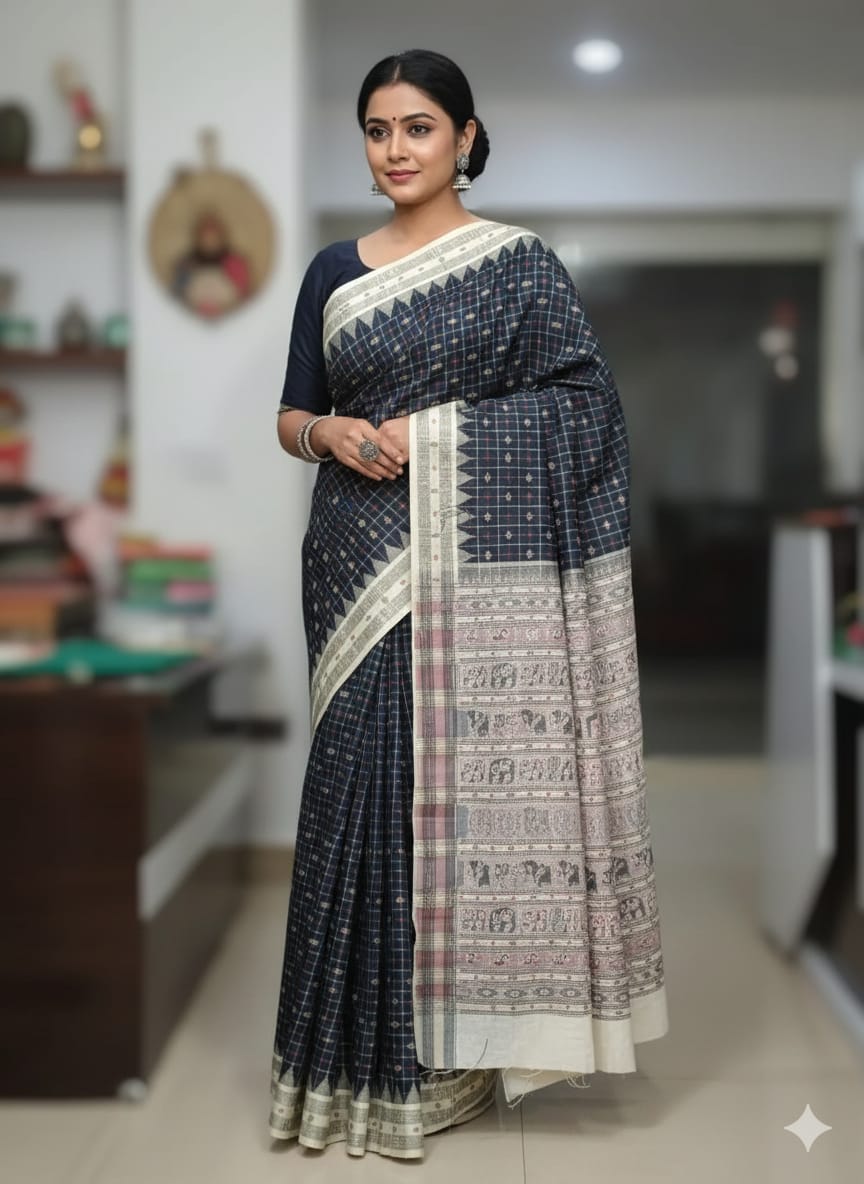 Black Off White Hazarbuti Tussar Silk Saree