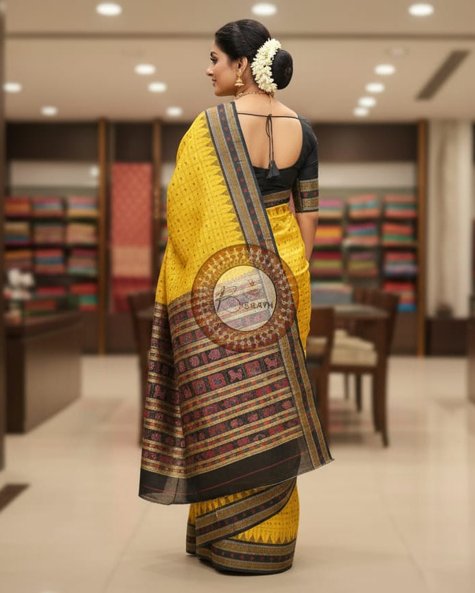 Yellow Black Hazarbuti Tussar Silk Saree